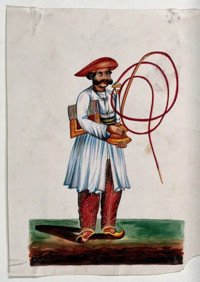 A hookah carrier with a red piped hookah