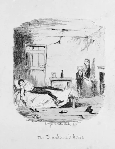 A hopeless drunkard lying on his bed watched by his poor wife and son