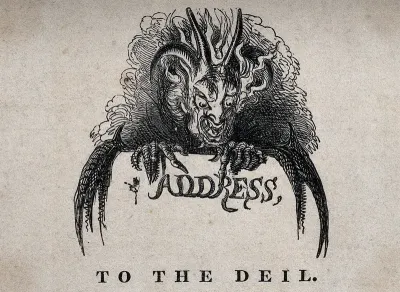 A horned devil is writing the word address with his claw