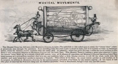 A horse-drawn carriage containing the orchestra of Louis Antoine Jullien is driven at speed along a road