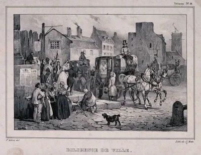 A horse-drawn carriage has arrived at a church in a poor part of a town: a newly wed couple walk down the steps towards it as the coachman holds the door open and spectators stand by