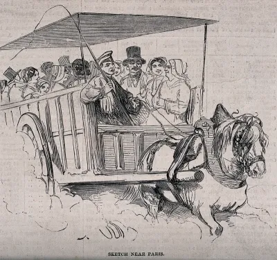 A horse-drawn carriage is carrying passengers from the country to celebrate the birthday of Napoleon I in Paris