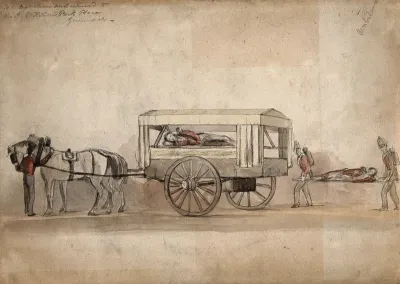 A horse-drawn military ambulance, c
