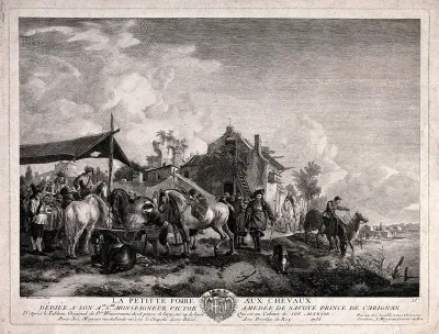 A horse fair: men and horses are gathered together in a village near a river