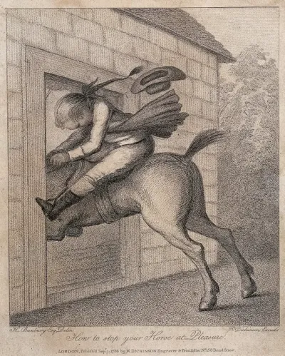 A horse has ridden through a doorway in an effort to stop, the rider has had to duck his head