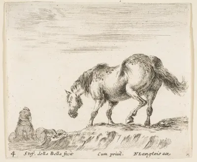 A horse in profile facing the left, about to descend from a mound, a horseman to left in background, plate 4 from "Diversi capricci"