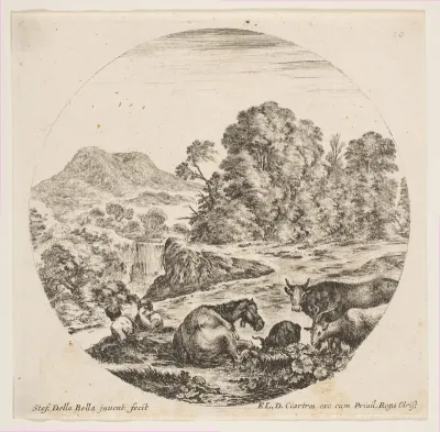 A horse lying down at center, a cow and two goats at right, two seated shepherds to left, a waterfall and a mountain at left in the background, plate 10 from "Roman landscapes and ruins" (Paysages et ruines de Rome)