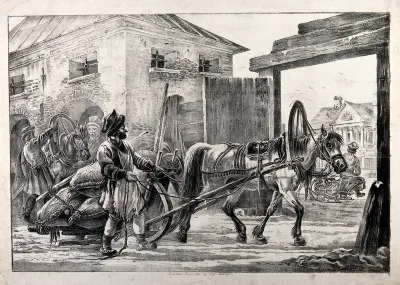 A horse pulling a Russian flour sledge, with a mill seen in the background