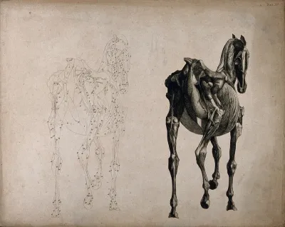 A horse, seen from behind: two écorché figures showing the muscles and bones, one an outline drawing, the other a tonal drawing