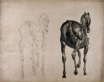 A horse, seen from behind: two écorché figures showing the muscles, one an outline drawing, the other a tonal drawing
