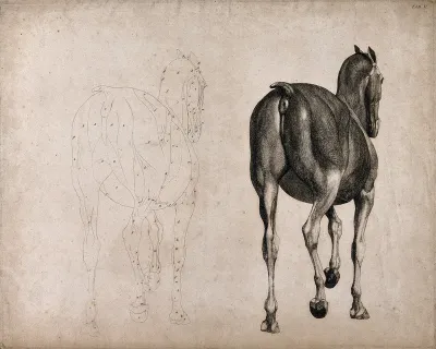 A horse, seen from behind: two figures, one an outline drawing, the other a tonal drawing