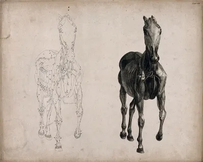 A horse, seen from the front: two écorché figures showing the muscles and blood-vessels, one an outline drawing, the other a tonal drawing