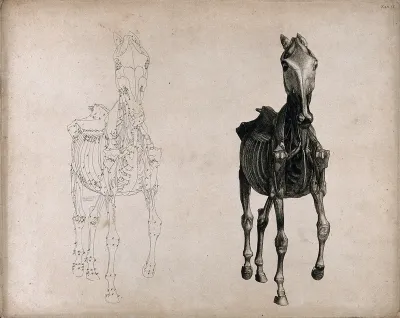 A horse, seen from the front: two écorché figures showing the muscles and bones, one an outline drawing, the other a tonal drawing