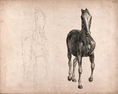 A horse, seen from the front: two figures, one an outline drawing, the other a tonal drawing