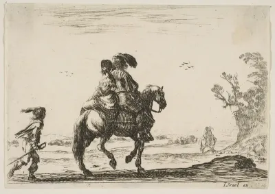 A horseman and a woman, seen from behind, riding towards the right with a young man following them to left, another horseman and woman to right in the background, plate 10 from "Various Figures" (Agréable diversité de figures)