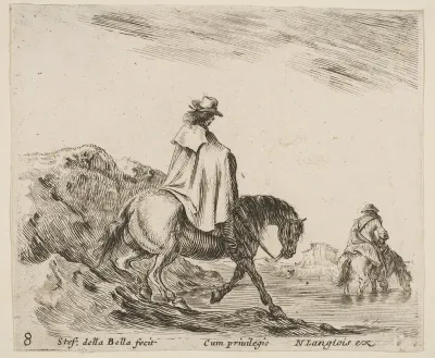 A horseman descends a riverbank, another horseman in river to right, plate 8 from "Diversi capricci"