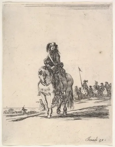 A horseman, facing front, a group of horsemen in background to the right, from "Various cavalry exercises" (Diverses exercices de cavalerie)