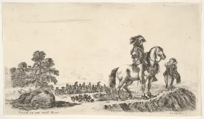 A horseman facing right in profile asking a young man for directions, a dead horse to left, a group of horsemen to left in the background, from "Various figures and lands" (Diverse figure e paesi)