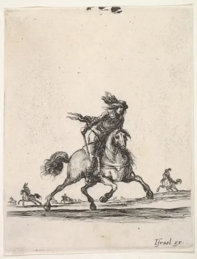 A horseman galloping towards right with sword in hand, other horsemen in the background, from "Various cavalry exercises" (Diverses exercices de cavalerie)