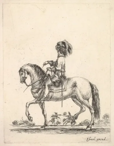 A horseman in profile walking to the left, two horsemen duel with pistols in the background, from "Various cavalry exercises" (Diverses exercices de cavalerie)