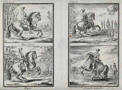 A horseman showing four different dressage exercises with his horse, including a basic gait, a circle to the right, and a piroutte