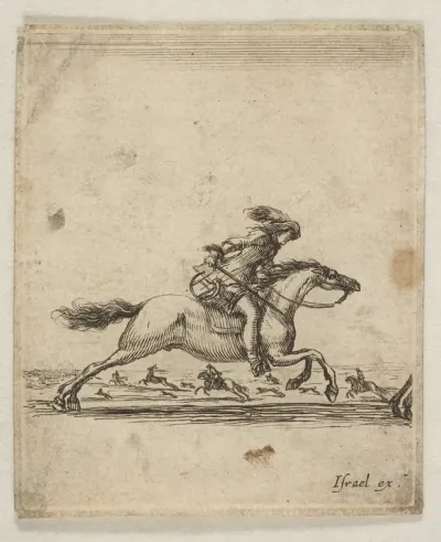 A horseman with sword in hand galloping towards the right, other horsemen galloping towards the left in the background, from "Various cavalry exercises" (Diverses exercices de cavalerie)