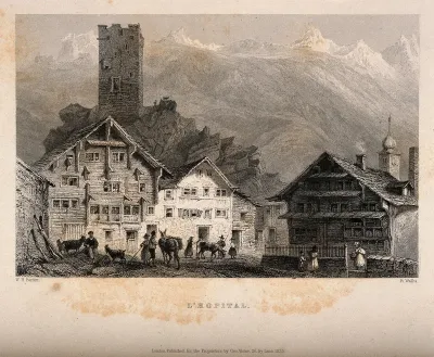 A hospital beneath a castle keep and a range of mountains (the Alps?) Engraving by R