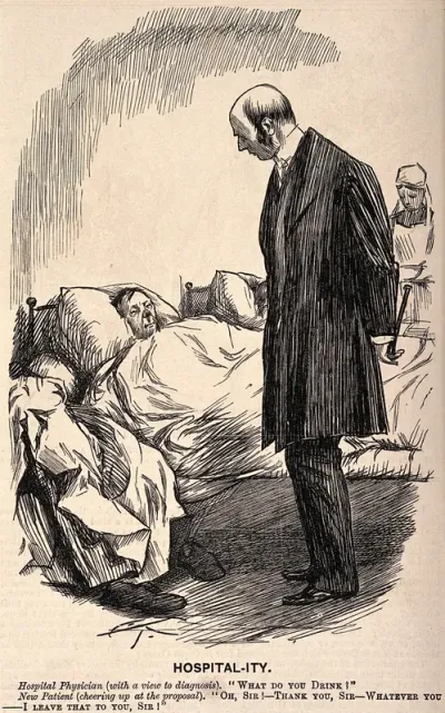 A hospital physician asks a patient about his drinking, the patient replies whatever is on offer