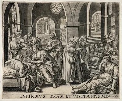 A hospital ward showing sick patients being tended to by medical staff, after a quote from the Bible (Matt