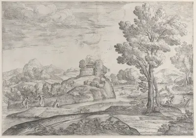 A house atop a round rock at center, people in the river and in canoes throughout