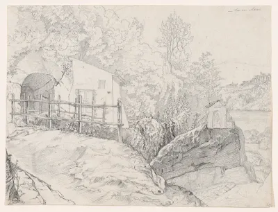 A House near a Grotto and a Roadside Chapel at Lake Nemi, with a View of Genzano from the North; verso: Sketch of Trees on the Border of a Lake, with Mountains in the Background