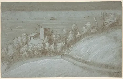 A House with a Dovecote and Trees by the Sea