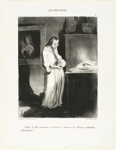 A humanist woman of letters abandoning herself to the cerebral philosophic reflections on the subject of man!, plate 15 from Les Bas-Bleus