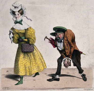 A hunchback man (Mayeux) follows a young woman paying her unwanted attention