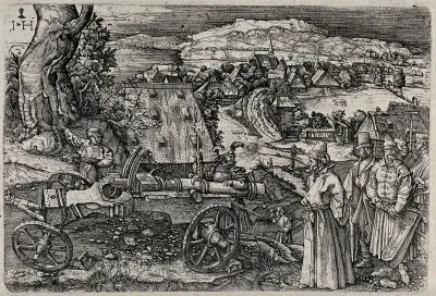 A Hungarian followed by his soldiers is surveying a cannon that is guarded by a knight; in the distance a village and hills slope down to a sea shore