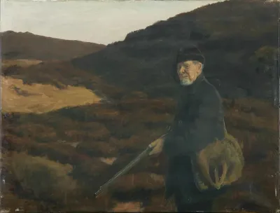 A hunter in a heath landscape.