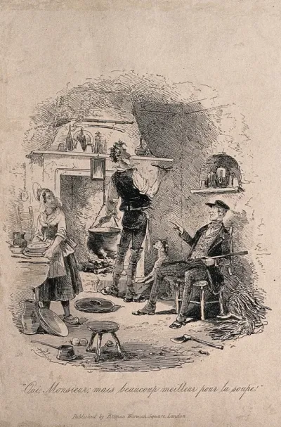 A hunter standing in front of a fire shaves himself using the soup as shaving water (?)