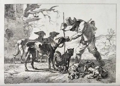 A hunter with seven dogs