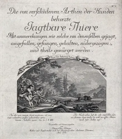 A hunting party in pursuit of a wild boar charging on to a clearing