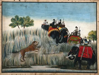 A hunting scene ; Europeans on elephants shooting a tiger