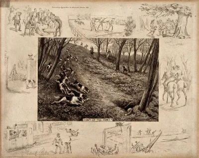 A hunting scene in which a pack of dogs followed by mounted huntsmen is chasing a fox into its burrow, is surrounded by seven vignettes