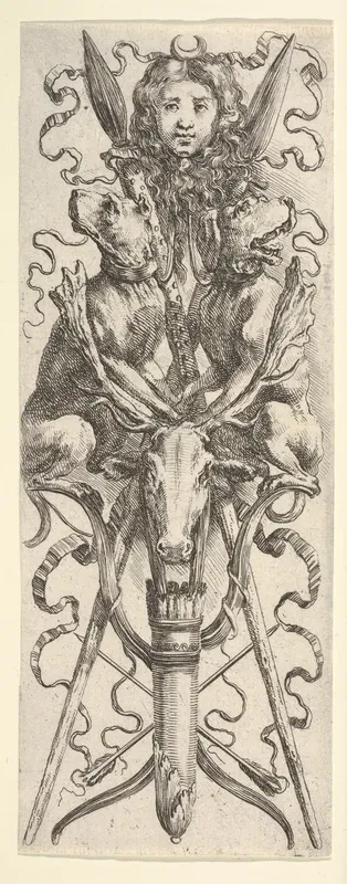A hunting trophy: a quiver, two arrows, two bows, a deer head, two dogs, two spears, and the head of Diana at top, from "Ornaments or Grotesques" (Ornamenti o Grottesche)