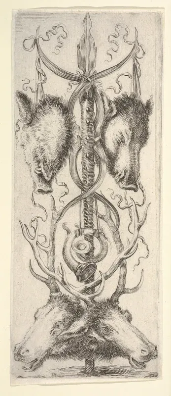 A hunting trophy, two wild boar heads above, two deer heads below, from "Ornaments or Grotesques" (Ornamenti o Grottesche)