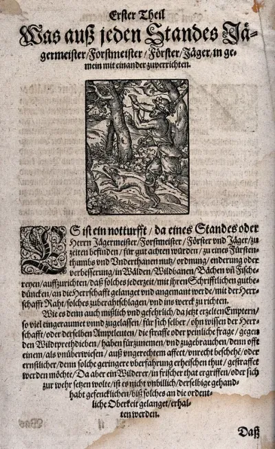 A huntsman accompanied by his dog runs through the forest blowing his horn