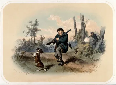 A huntsman and his hound are alarmed by the shot as another huntsman shoots a hare