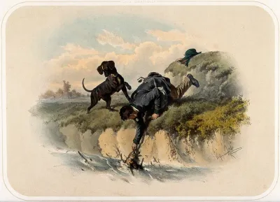 A huntsman pulls a dead rabbit from a river by its ear