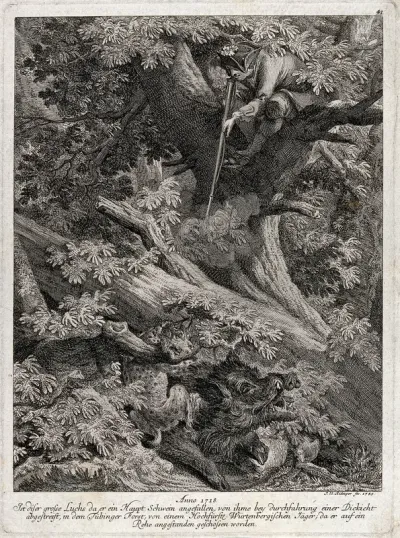A huntsman sitting on a tree is about to shoot a lynx that has pounced upon a wild boar