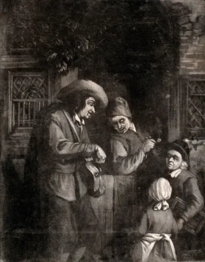 A hurdy-gurdy player standing by the door to a house; the man in the house smokes a pipe at the door, and two children look on