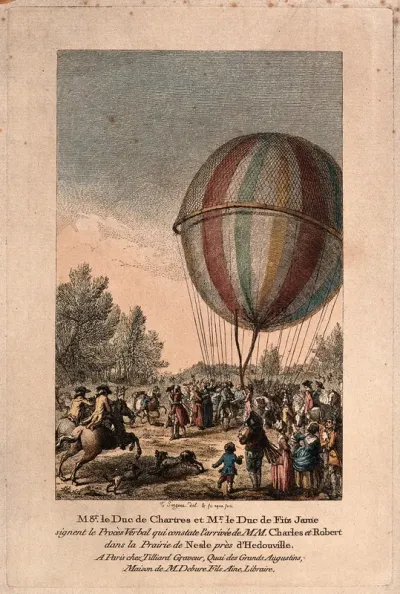 A hydrogen balloon has landed at Nesles-la-Vallée in 1783: mounted men ride to greet the balloonists, others gather to watch