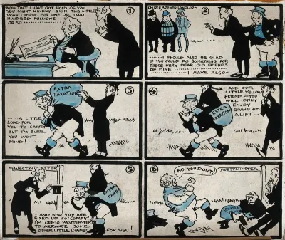 A.J. Balfour as Prime Minister asks John Bull to pay for increasingly costly policies, but eventually John Bull refuses. Drawing by David Wilson, 1905